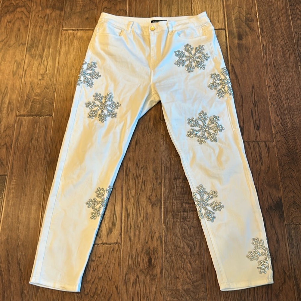 White snowflake sequin jeans